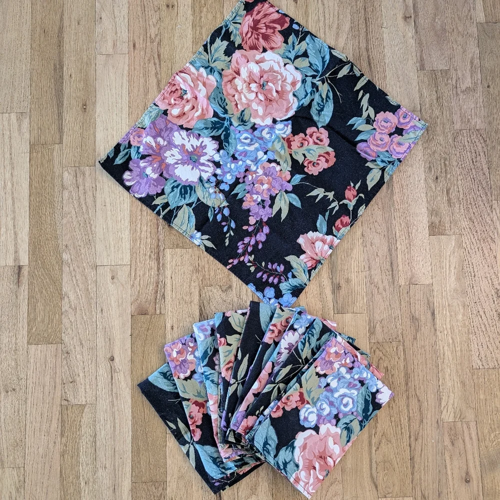 Vintage 90s Black Floral Napkins Set Of 10 Cottagecore Beautiful Flowers